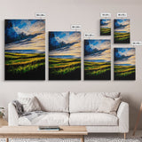 Sunset Over Hills, Coastal Fields, Dramatic Sky, Nature Wall Art, Framed Canvas Print, Vibrant Home Decor, Rolling Landscape, Ocean View