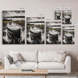 Canoe on Water, Lakeside Reflection, Framed Canvas Print, Nature Art, Cabin Wall Decor, Black and White Landscape, Serene Home Accent