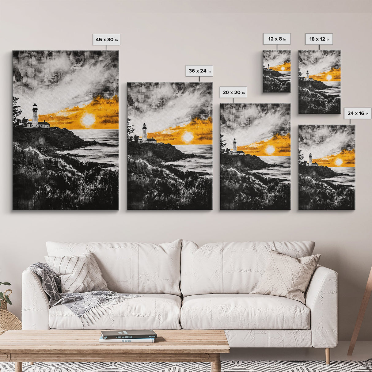 Lighthouse Sunset, Nautical Wall Art, Coastal Painting, Canvas Print, Orange and Black Artwork, Ocean Home Decor, Beach House Design