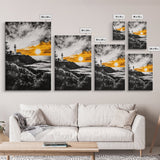 Lighthouse Sunset, Nautical Wall Art, Coastal Painting, Canvas Print, Orange and Black Artwork, Ocean Home Decor, Beach House Design