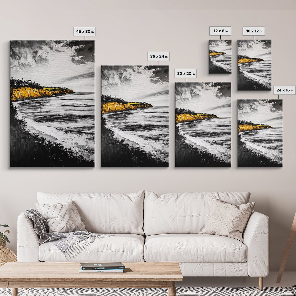 Golden Cliffs, Ocean Landscape, Beach House Wall Art, Canvas Print, Coastal Scene, Black and White Painting, Sunset Inspired Decor