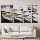 Golden Cliffs, Ocean Landscape, Beach House Wall Art, Canvas Print, Coastal Scene, Black and White Painting, Sunset Inspired Decor