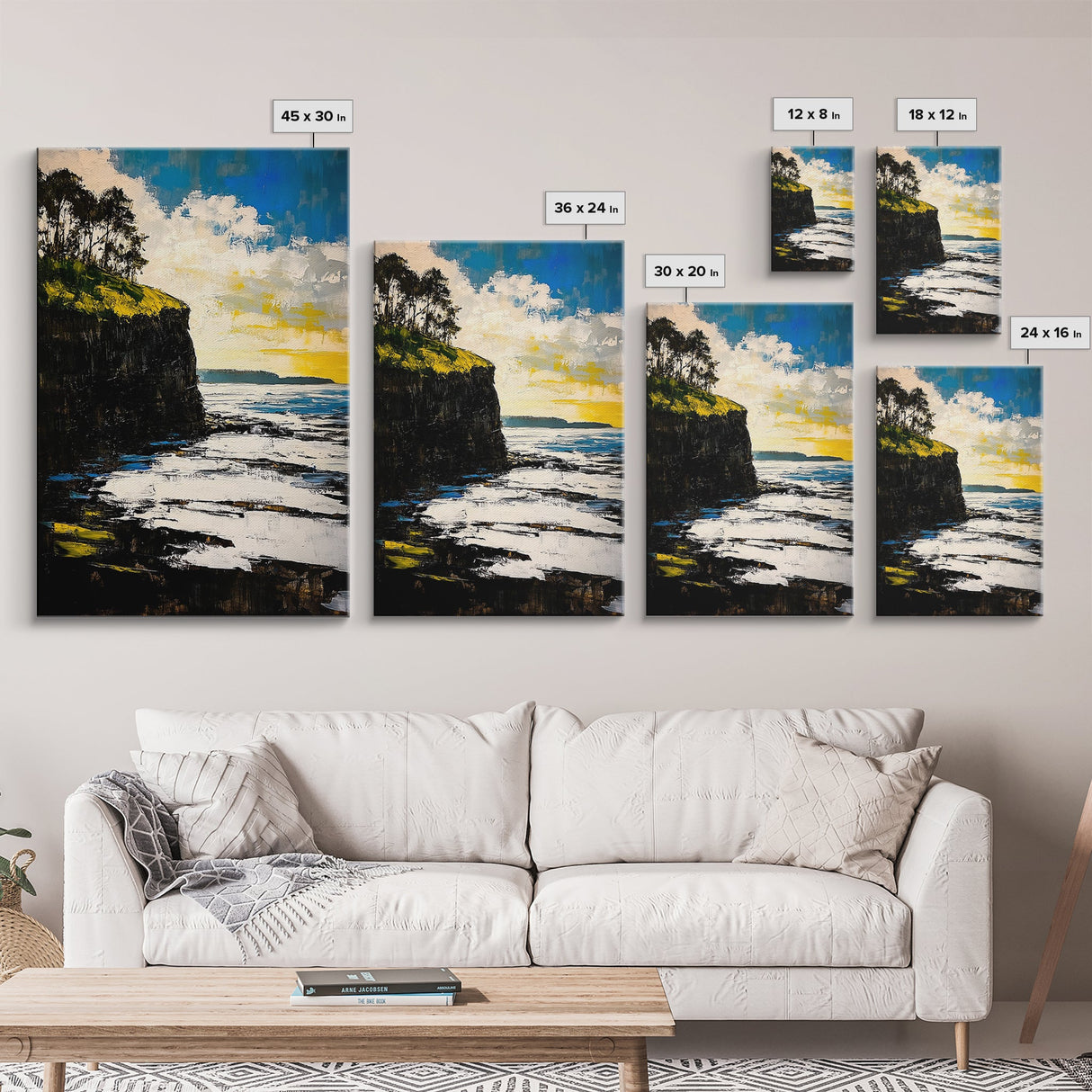Dramatic Seascape, Cliffside View, Blue and Yellow Art, Canvas Print, Coastal Wall Decor, Beach House Artwork, Contemporary Style