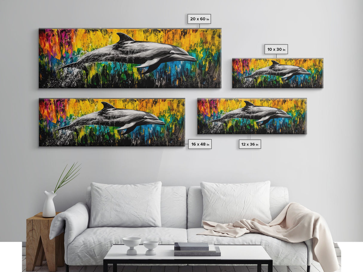 Dolphin Splash, Ocean Wildlife, Framed Canvas Print, Colorful Wall Art, Beach House Decor, Living Room Art, Vibrant Sea Life Painting
