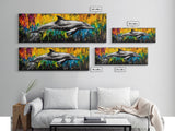 Dolphin Splash, Ocean Wildlife, Framed Canvas Print, Colorful Wall Art, Beach House Decor, Living Room Art, Vibrant Sea Life Painting