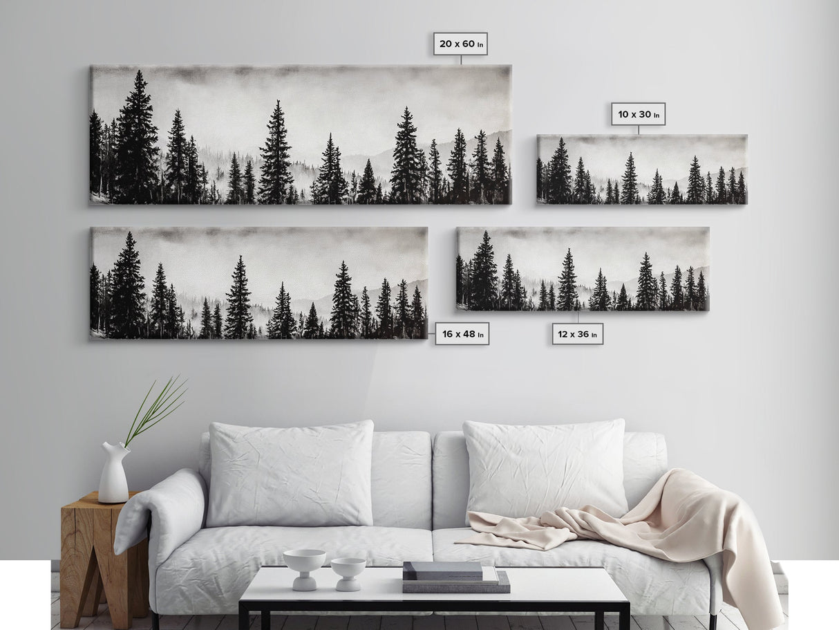 Foggy Pines, Black and White Nature Art, Minimalist Forest Print, Modern Wall Decor, Living Room Wall Art, Framed Canvas Print, Rustic Home Decor