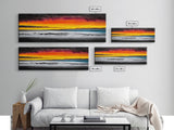 Fiery Sunset, Beach Scene, Ocean Waves, Vibrant Seascape, Framed Canvas Print, Living Room Art, Modern Coastal Wall Art, Beach House Decor