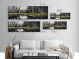 Misty Forest, Mountain Reflections, Black and White Nature Art, Framed Canvas Print, Living Room Decor, Wilderness Wall Art, Scenic Landscape