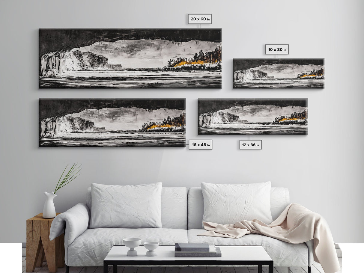 Frozen Cave, Monochrome Landscape, Framed Canvas Print, Winter Wall Art, Dramatic Nature Scene, Home Office Decor, Unique Black and White Art