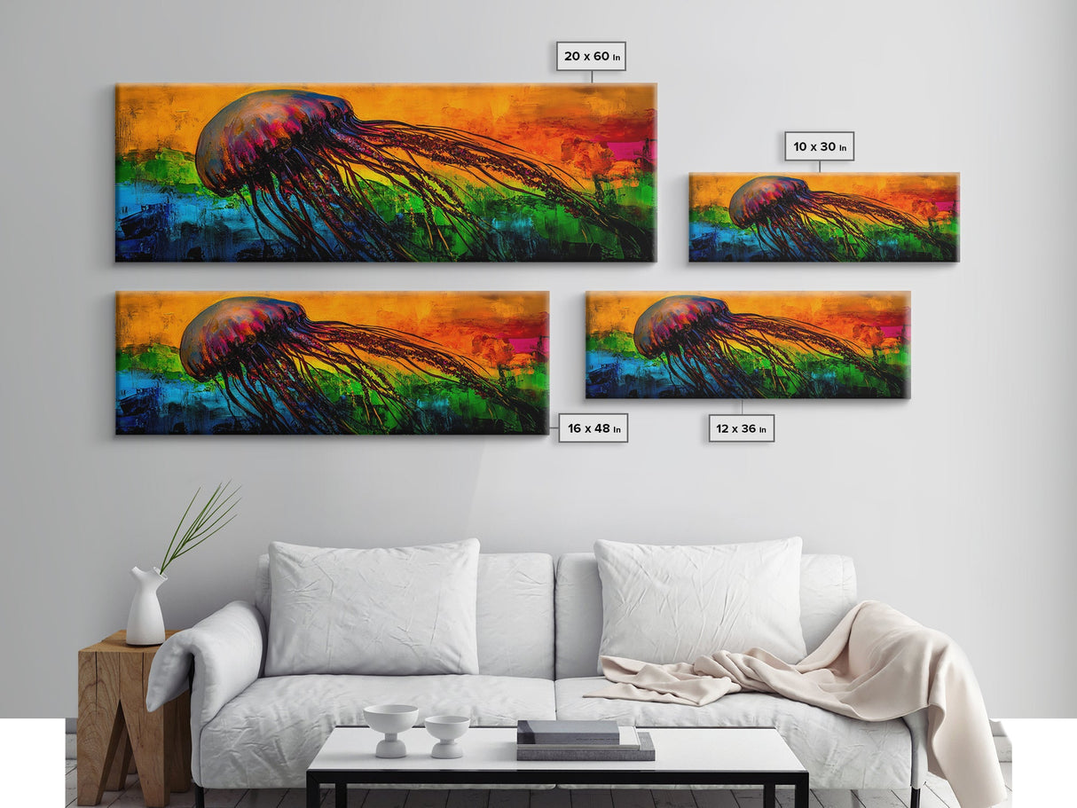 Jellyfish Art, Ocean Canvas Print, Vibrant Sea Life, Coastal Decor, Colorful Nautical Art, Modern Beach House, Living Room Wall Art