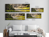 Lakeside Sunset Painting, Cabin Wall Art, Serene Landscape Print, Nature Inspired Home Decor, Golden Tones, Framed Canvas Print