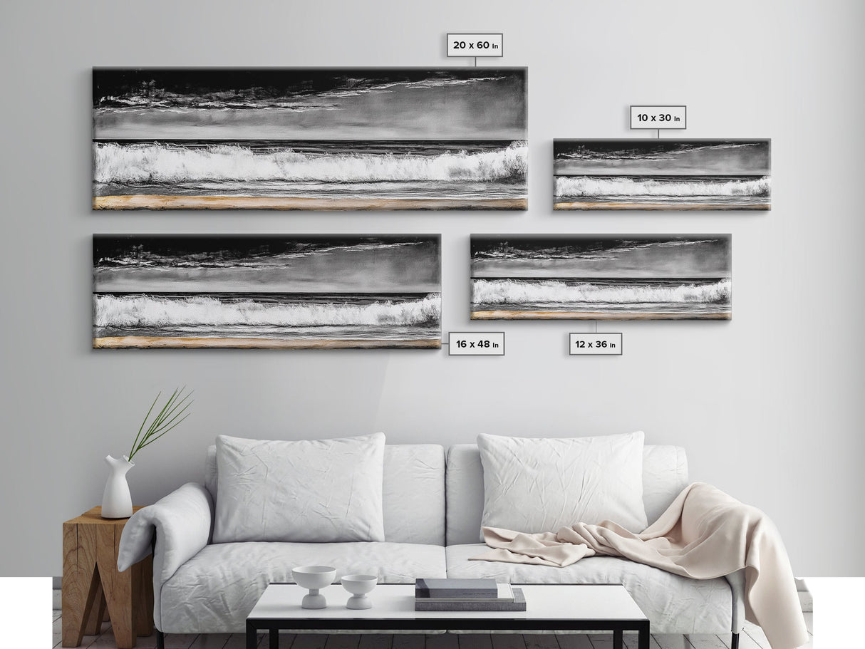 Ocean Waves Painting, Black and White Seascape, Coastal Wall Art, Nautical Beach Decor, Modern Minimalist Style, Framed Canvas Print
