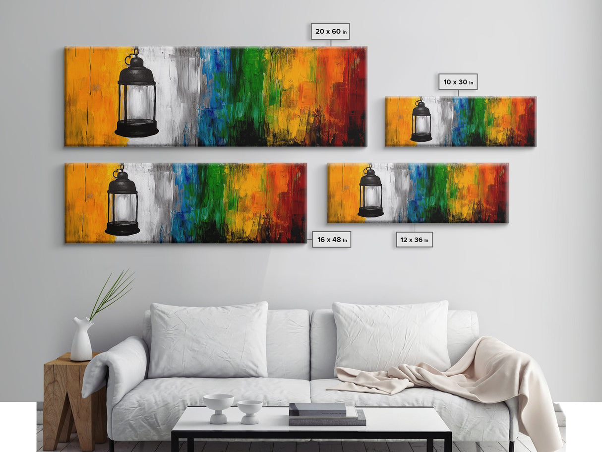 Lantern Abstract Art, Colorful Rustic Decor, Modern Cabin Wall Art, Bright Festival Painting, Bohemian Aesthetic, Framed Canvas Print