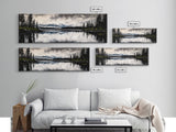 Mountain Reflection, Tranquil Lake Art, Black and White Landscape, Nature Inspired Decor, Framed Canvas Print, Cabin Wall Art, Moody Forest Scene