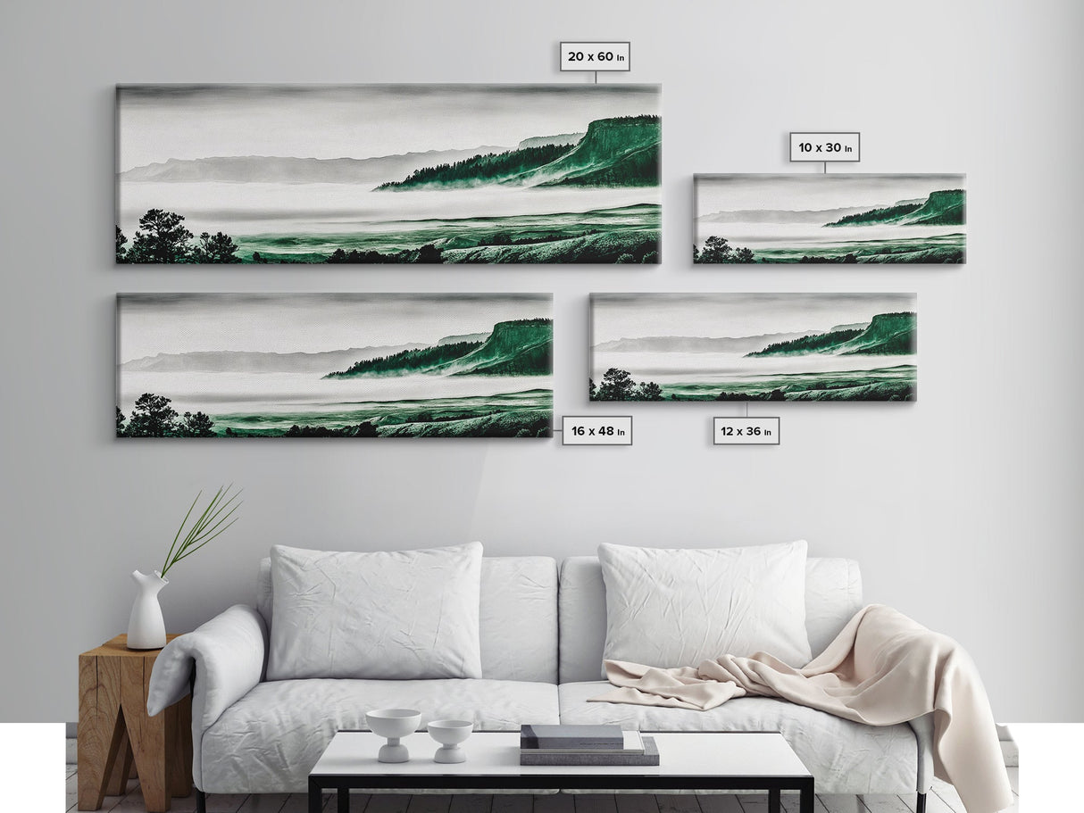 Foggy Mountains, Misty Forest Scene, Serene Nature Art, Minimalist Wall Decor, Framed Canvas Print, Bedroom Wall Art, Green Tones, Tranquil Vibes