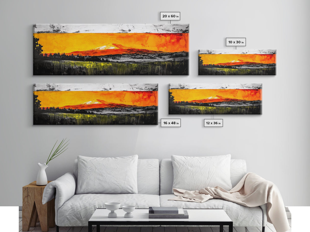 Fiery Peaks, Mountain Sunset, Landscape Painting, Framed Canvas Print, Rustic Home Art, Living Room Decor, Bold Wall Art