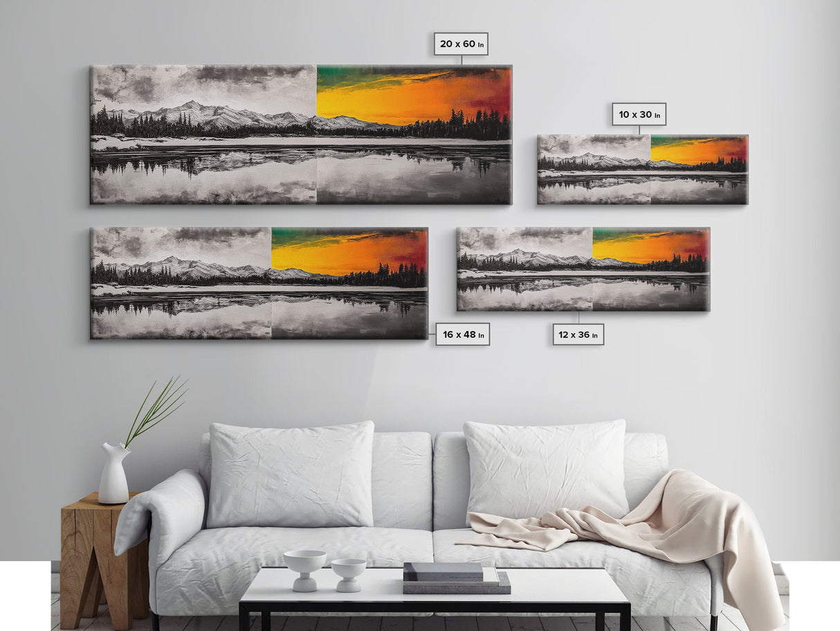 Dual Tone Lake, Black and White Landscape, Orange Sunset, Canvas Print, Modern Wall Art, Nature Home Decor, Living Room Art