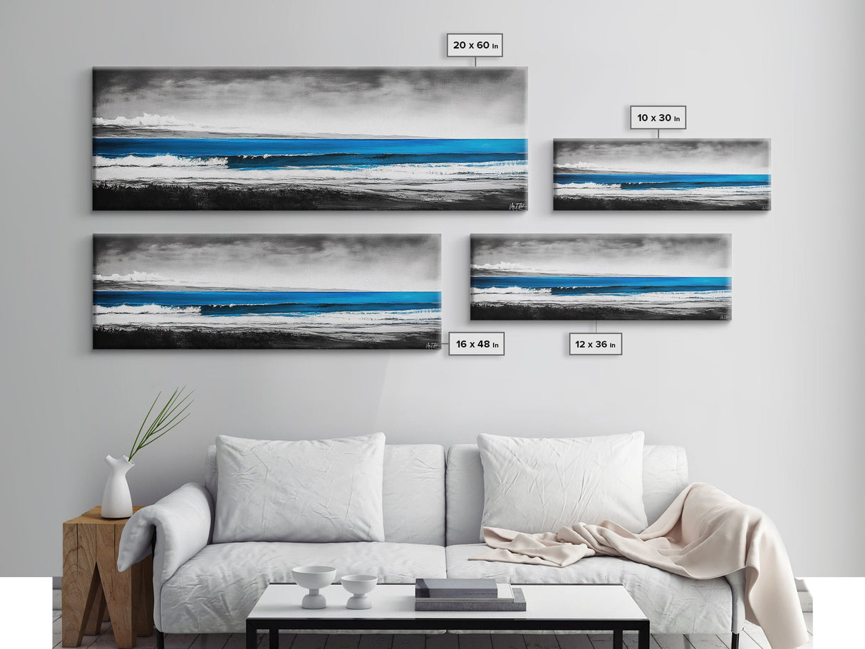 Tranquil Beach, Ocean Horizon, Black and White Art, Coastal Landscape, Framed Canvas Print, Modern Home Decor, Office Wall Art