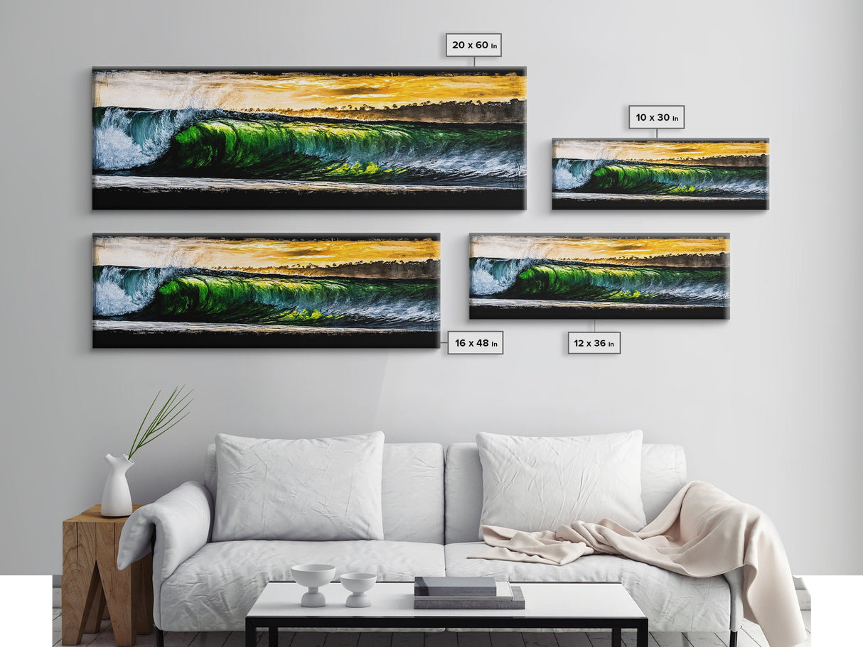 Tropical Wave, Green Ocean, Sunset Beach, Coastal Vibes, Canvas Print, Large Wall Art, Living Room Decor, Surf Style