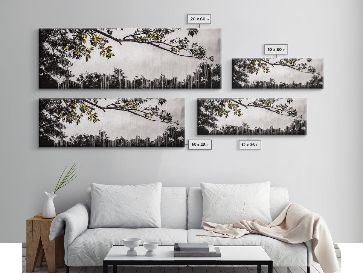 Black White, Dripping Leaves, Modern Art, Framed Canvas Print, Minimalist Decor, Neutral Wall Art, Living Room Wall Art, Monochrome Nature Scene