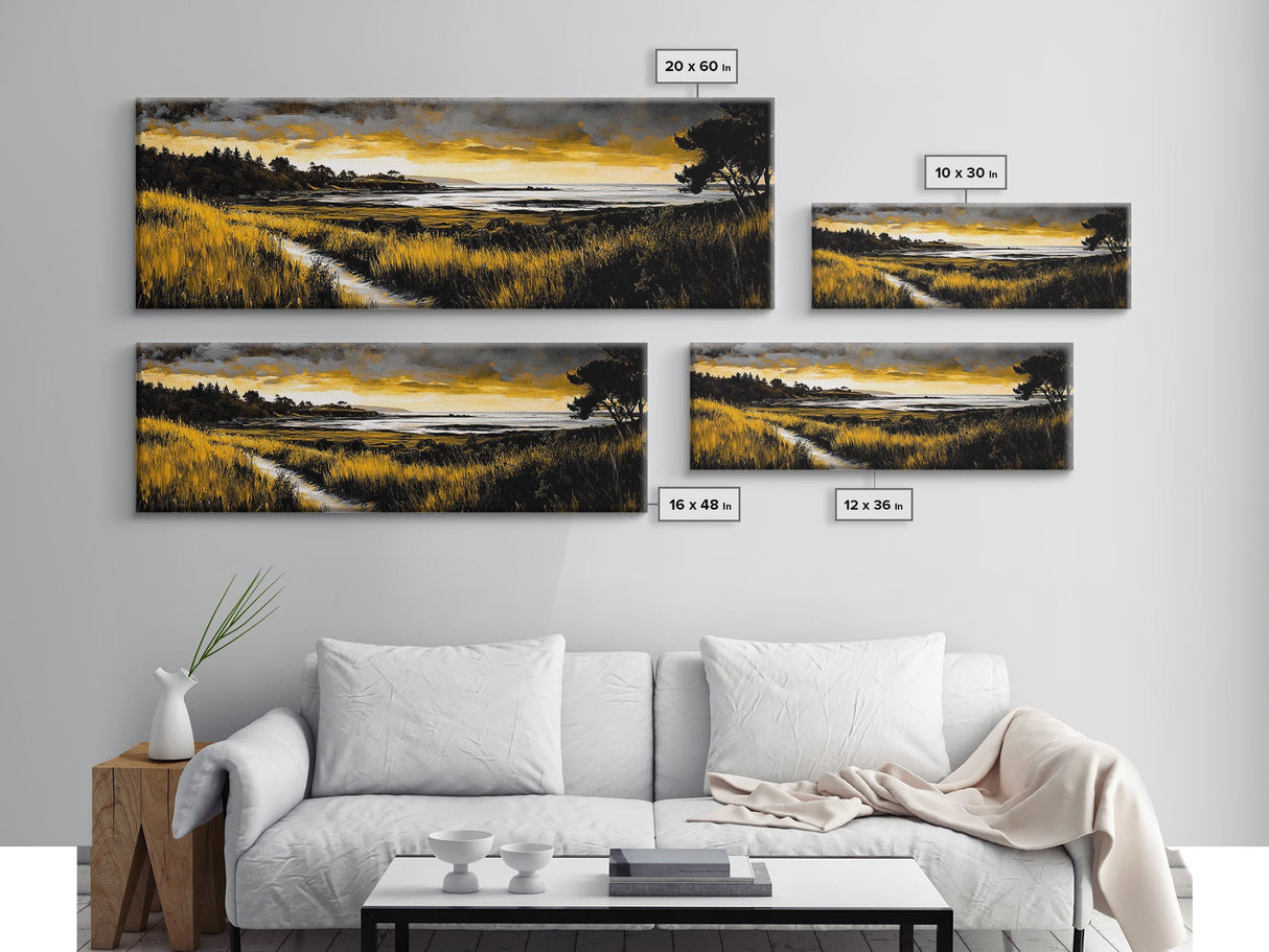 Golden Horizon, Coastal Sunset, Nature Landscape Art, Warm Tones Wall Decor, Peaceful Ocean View, Framed Canvas Print, Housewarming