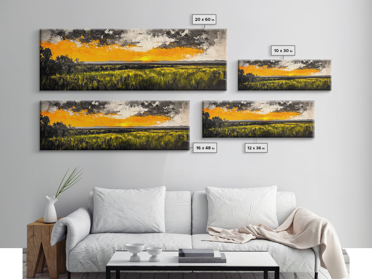 Sunset Landscape, Golden Sky, Framed Canvas Print, Modern Wall Art, Large Landscape Art, Fall Decor, Living Room Art, Rustic Home Decor