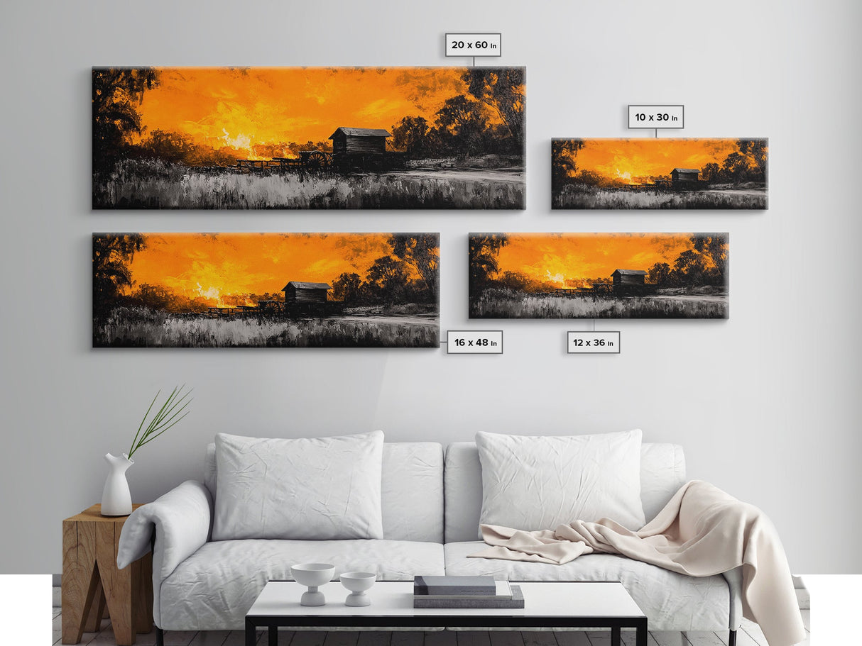Farm Sunset, Old Barn, Fiery Sky, Rustic Landscape, Framed Canvas Print, Country Wall Art, Western Home Decor, Harvest Season Artwork