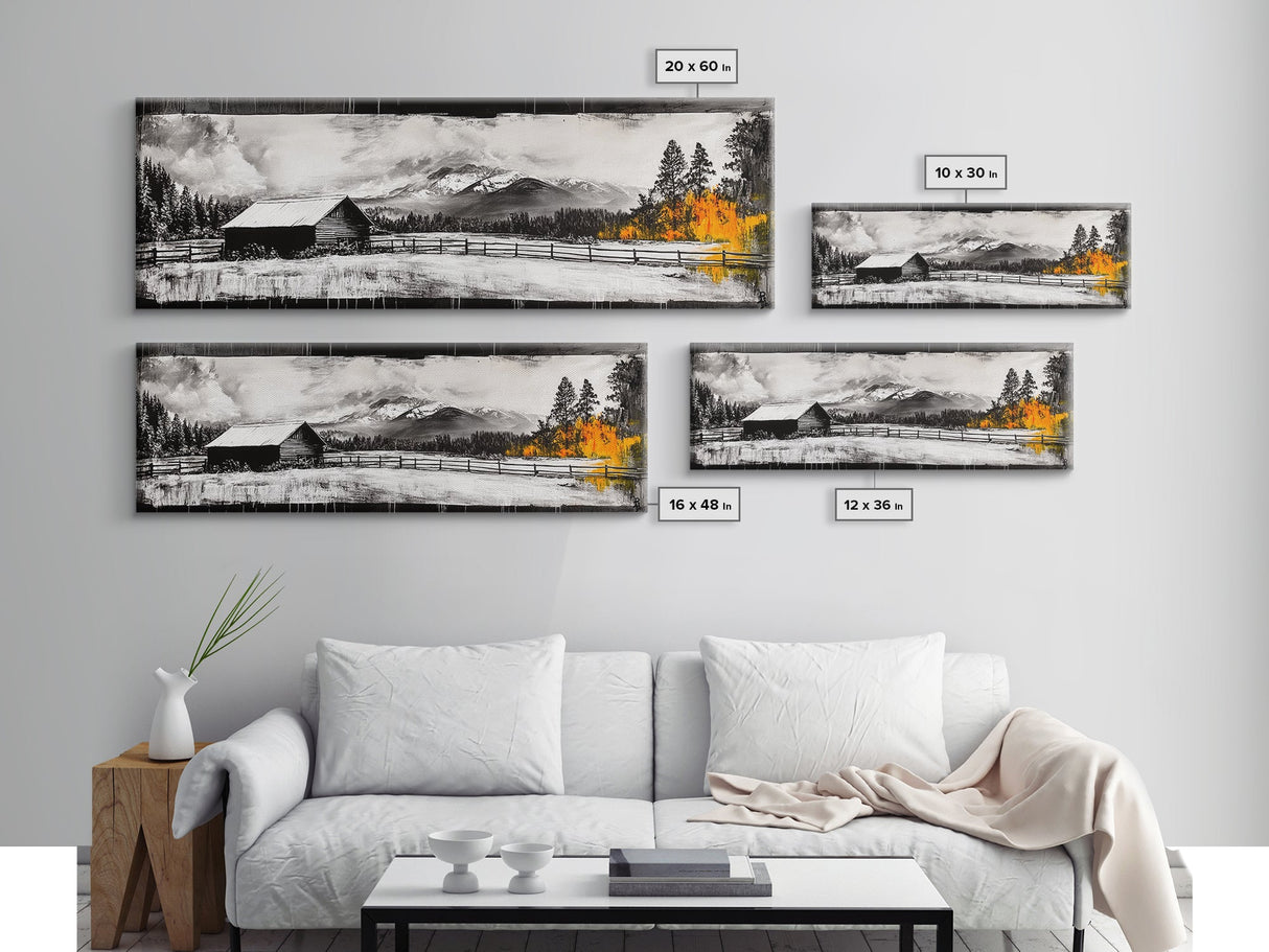 Cabin in Mountains, Rustic Winter Scene, Black and White Art, Fall Forest Accent, Cozy Lodge, Living Room Decor, Framed Canvas Print