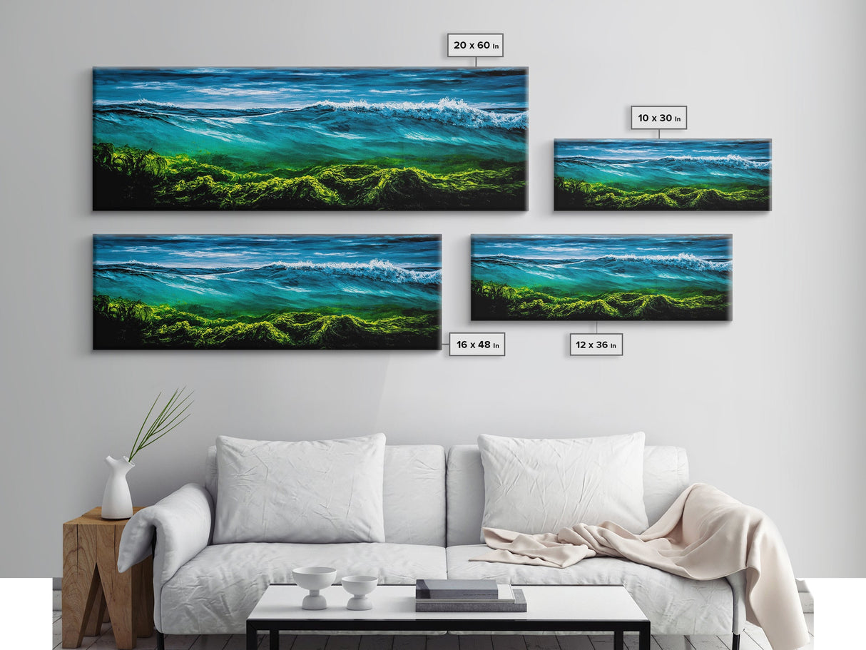 Ocean Wave, Deep Blue Seascape, Underwater Scene, Green and Blue, Coastal Home Decor, Tropical Wall Art, Framed Canvas Print
