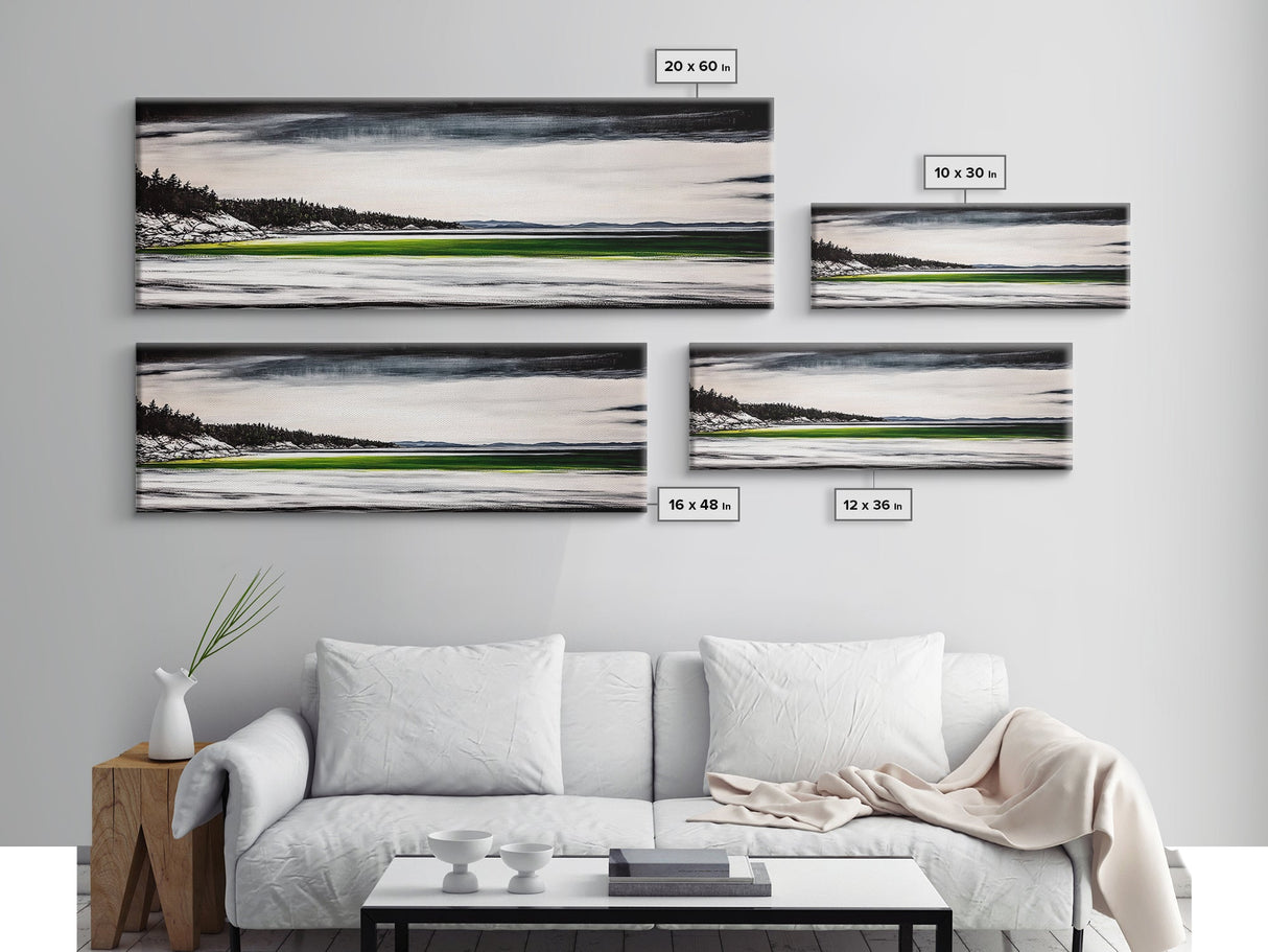 Serene Lake, Monochrome Water Art, Minimalist Nature, Dramatic Sky, Green Accent, Modern Home Wall Decor, Framed Canvas Print