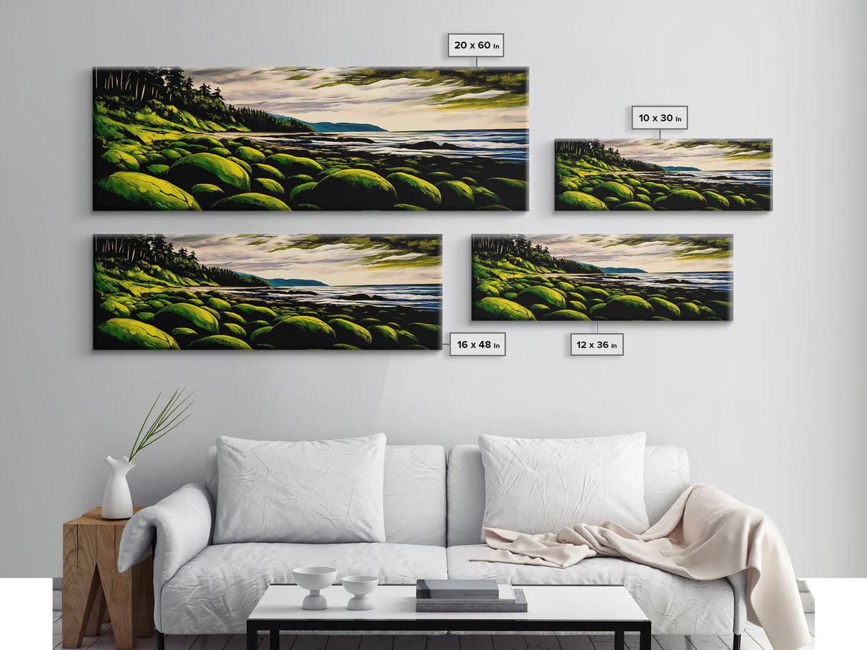 Green Rocks, Coastal Landscape, Nature Wall Art, Framed Canvas Print, Scenic Ocean Painting, Beach House Decor, Serene Wall Artwork