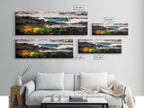 Rocky Shore, Crashing Waves, Black White Blue, Framed Canvas Print, Ocean Wave Painting, Surf Art, Minimalist Coastal Decor