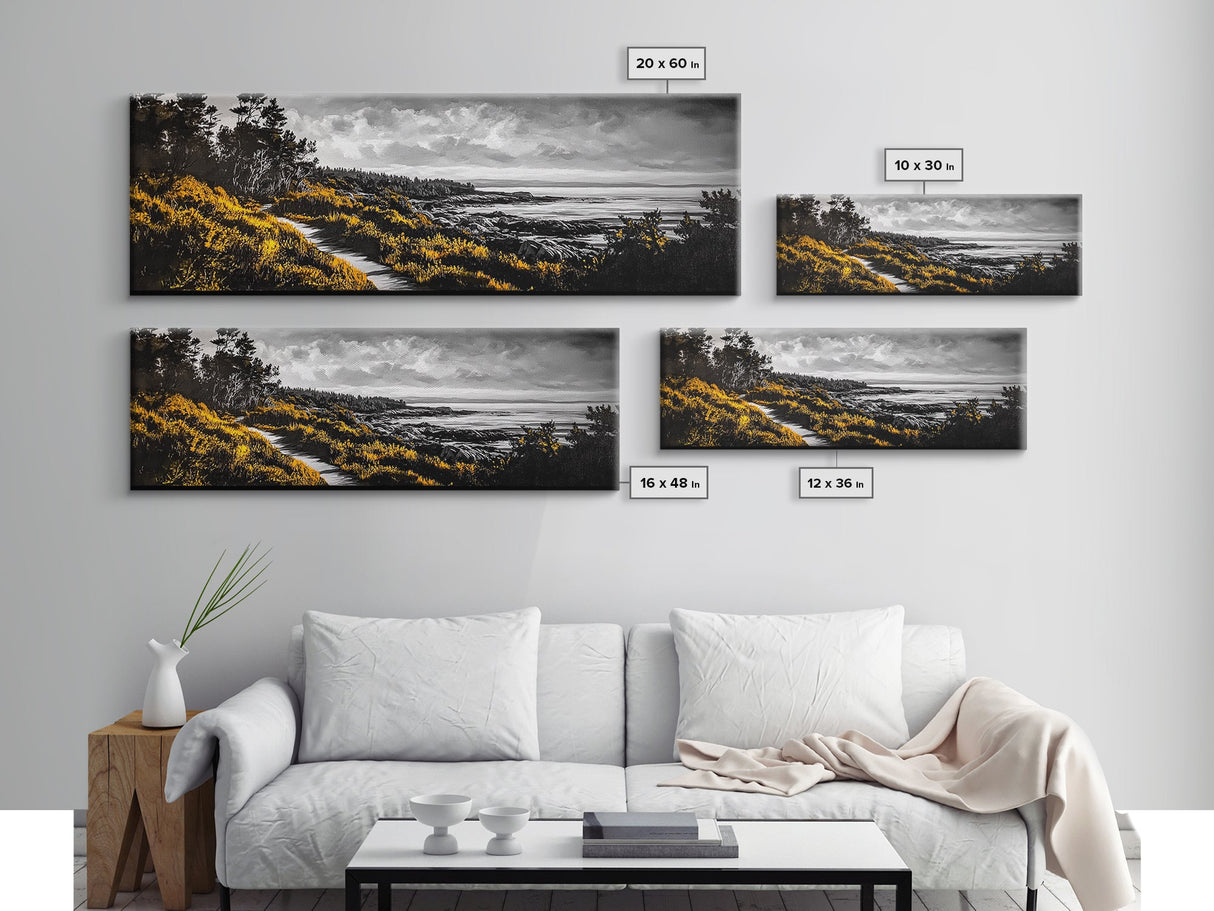 Forest Path, Autumn Vibes, Black White Yellow, Canvas Print, Rustic Landscape Art, Warm Fall Decor, Cozy Home Artwork