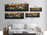 Rocky Shoreline, Wildflowers, Coastal Landscape, Framed Canvas Print, Autumn Beach Scene, Rustic Nature Painting, Entryway Wall Art