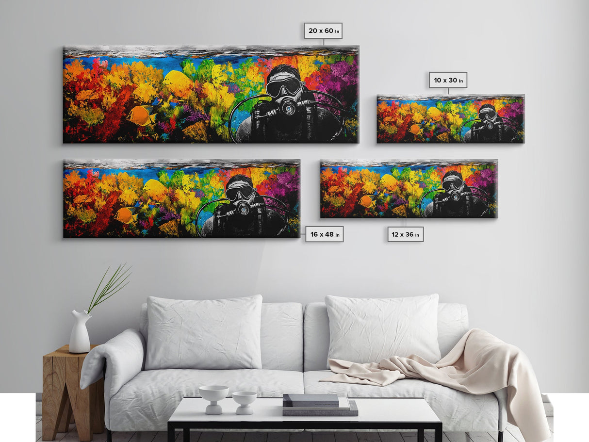 Scuba Diver, Underwater Exploration Art, Vibrant Ocean Scene, Bold Nautical Art, Large Canvas Print, Living Room Wall Art