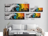 Ocean Wave Painting, Coastal Wall Art, Beach Sunset Decor, Tropical Nature Print, Vibrant Abstract Art, Framed Canvas Print