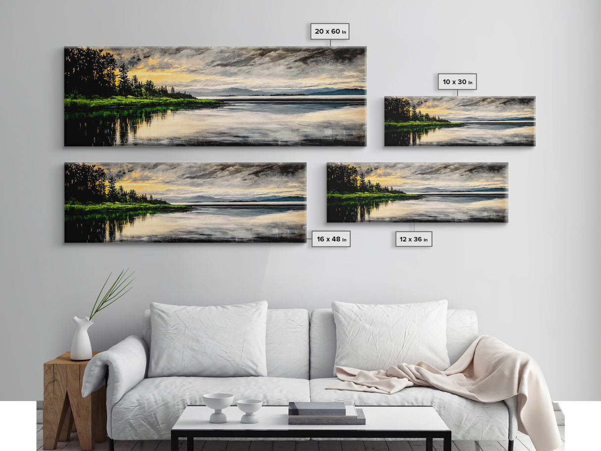 Lake Sunset Art, Landscape Painting, Nature Wall Decor, Tranquil Water Reflection, Rustic Home Art, Living Room Wall Art, Framed Canvas Print