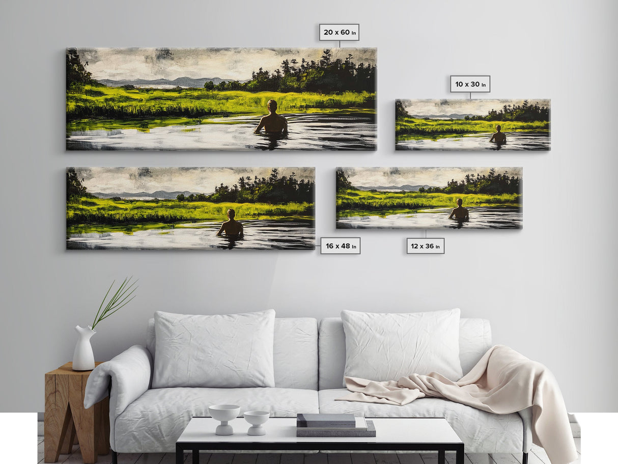 Man, Water, Reflection, Framed Canvas Print, Serene Landscape Art, Tranquil Wall Decor, Nature Inspired Painting, Moody Green Aesthetic