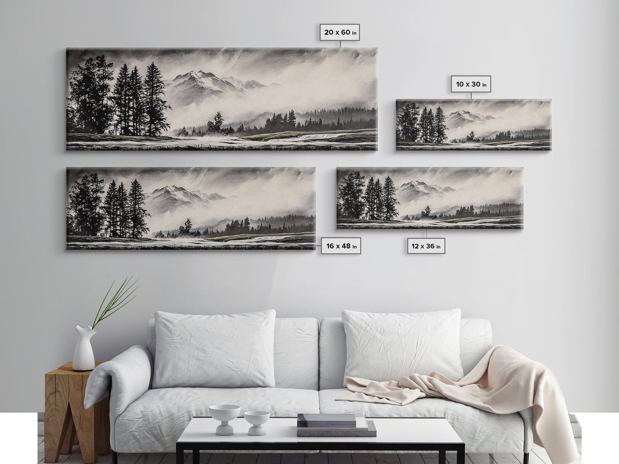 Mountain, Misty Landscape, Black and White, Forest, Framed Canvas Print, Large Wall Art, Minimalist Art, Modern Home Decor, Bedroom Wall Art