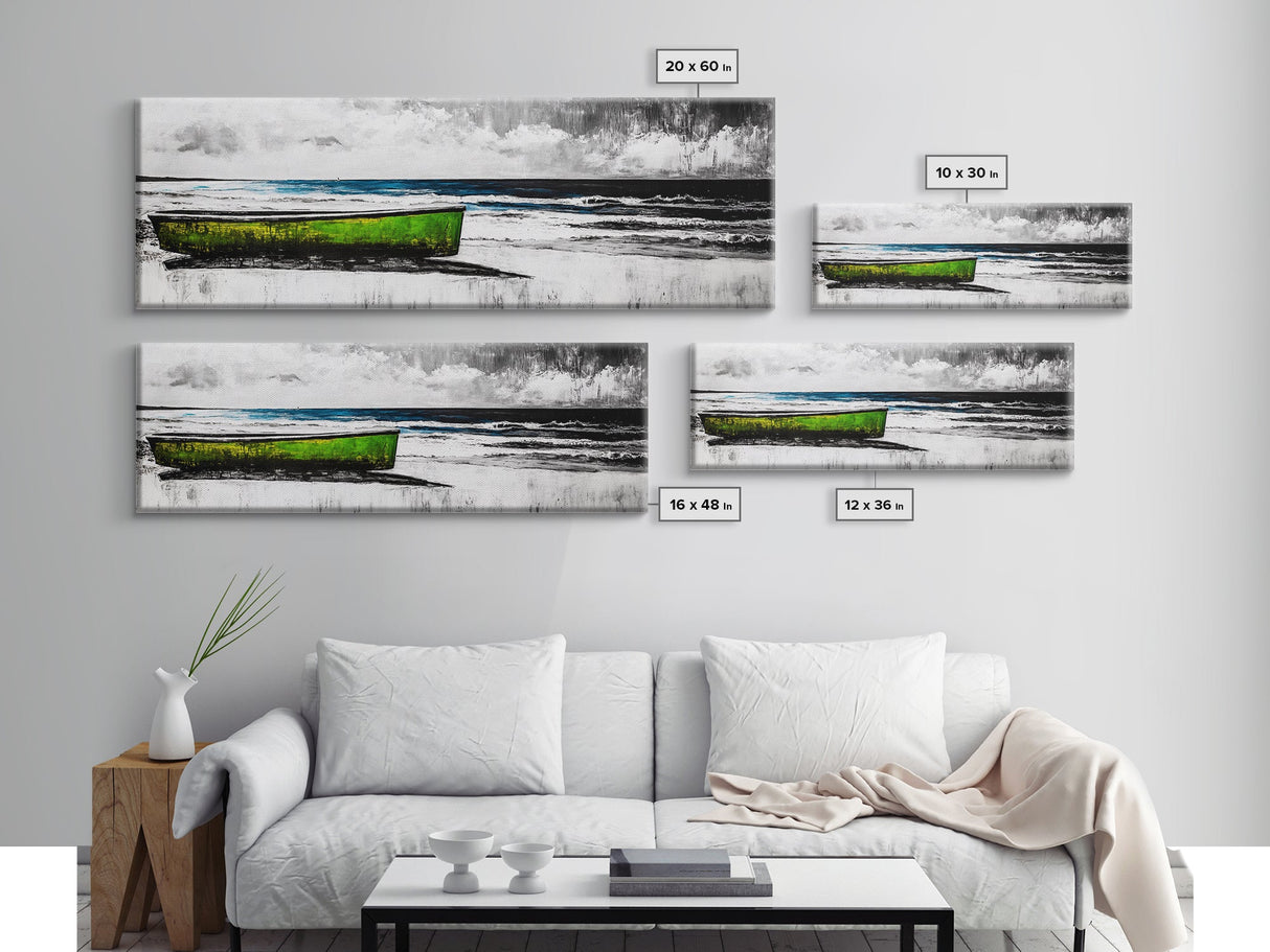 Seaside Boat, Coastal Art, Minimalist Nautical, Framed Canvas Print, Black and White Beach Art, Ocean Scene, Modern Seascape, Contemporary Decor