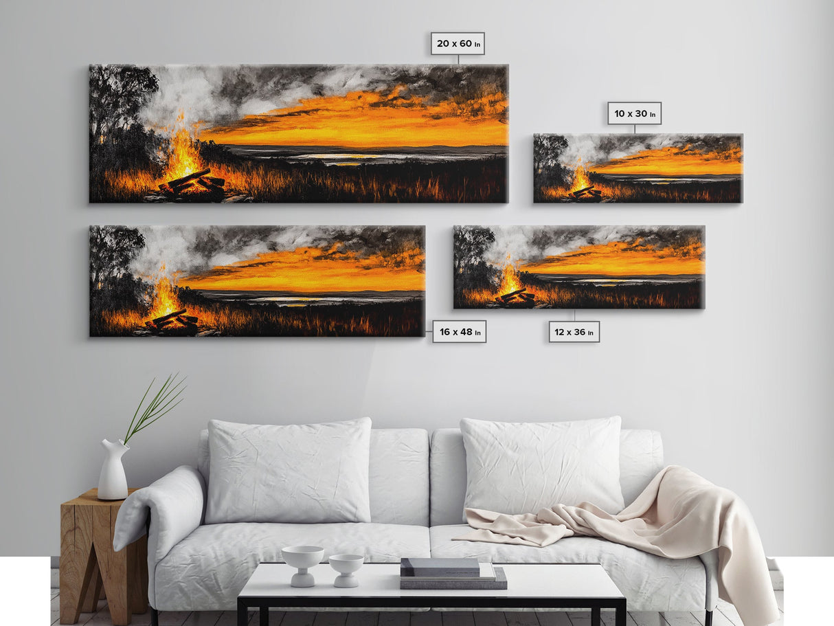 Sunset Bonfire, Rustic Art, Cozy Cabin Decor, Canvas Print, Fall Landscape, Nature Wall Art, Warm Glow Artwork, Mountain Retreat Art