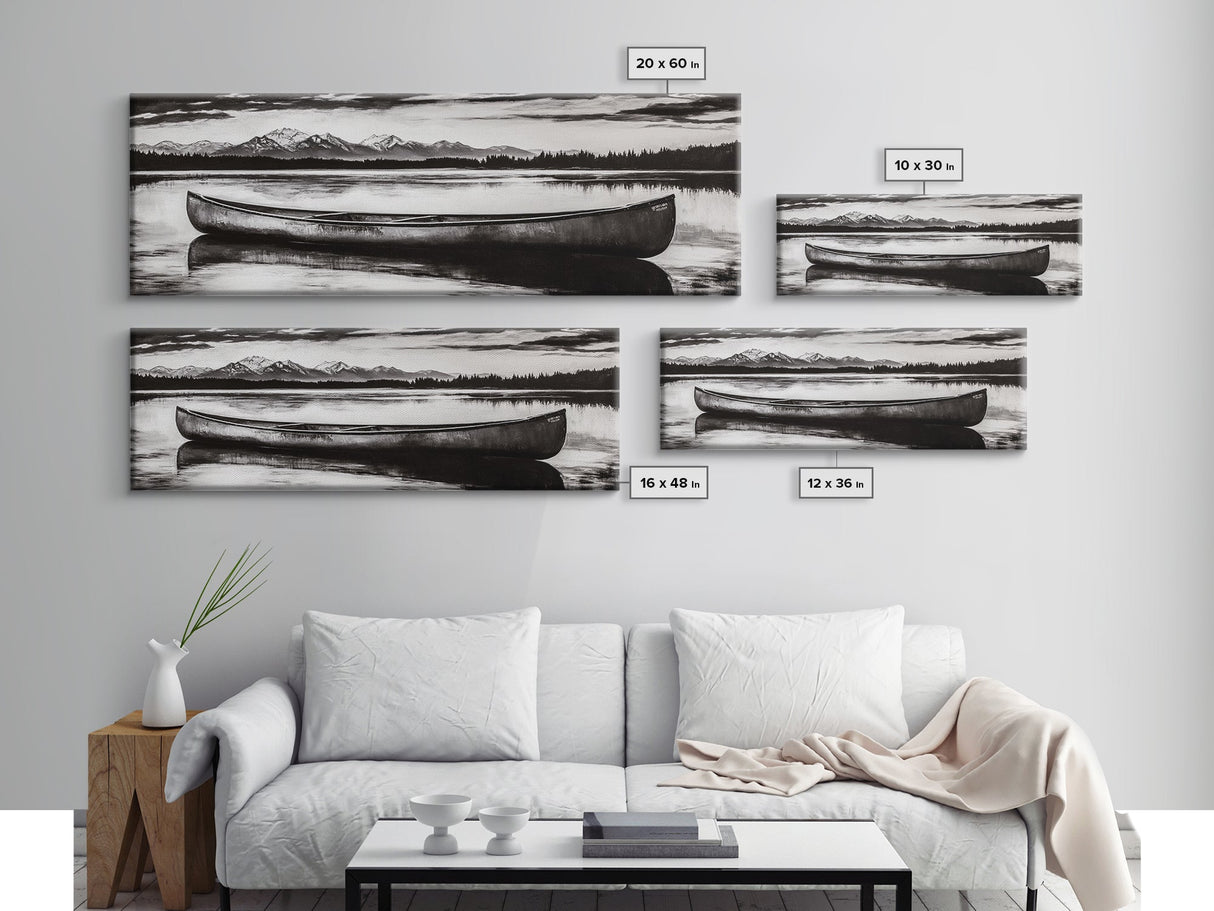 Mountain Reflections, Canoe Art, Wilderness Wall Decor, Canvas Print, Black and White Landscape, Lake House Art, Rustic Cabin Art