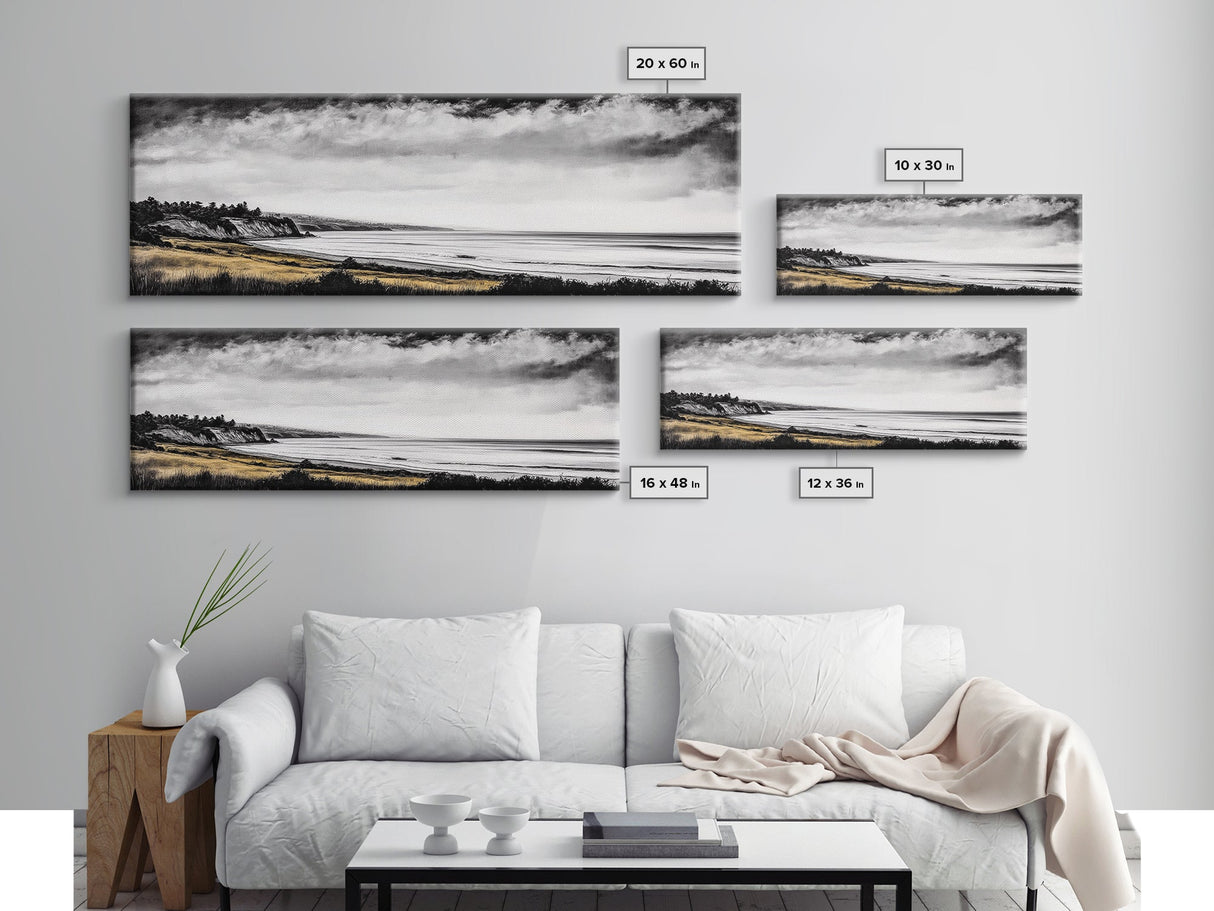 lack White Coast, Stormy Ocean, Dramatic Sky, Framed Canvas Print, Minimalist Seascape, Monochrome Wall Art, Office Decor, Bedroom Accent