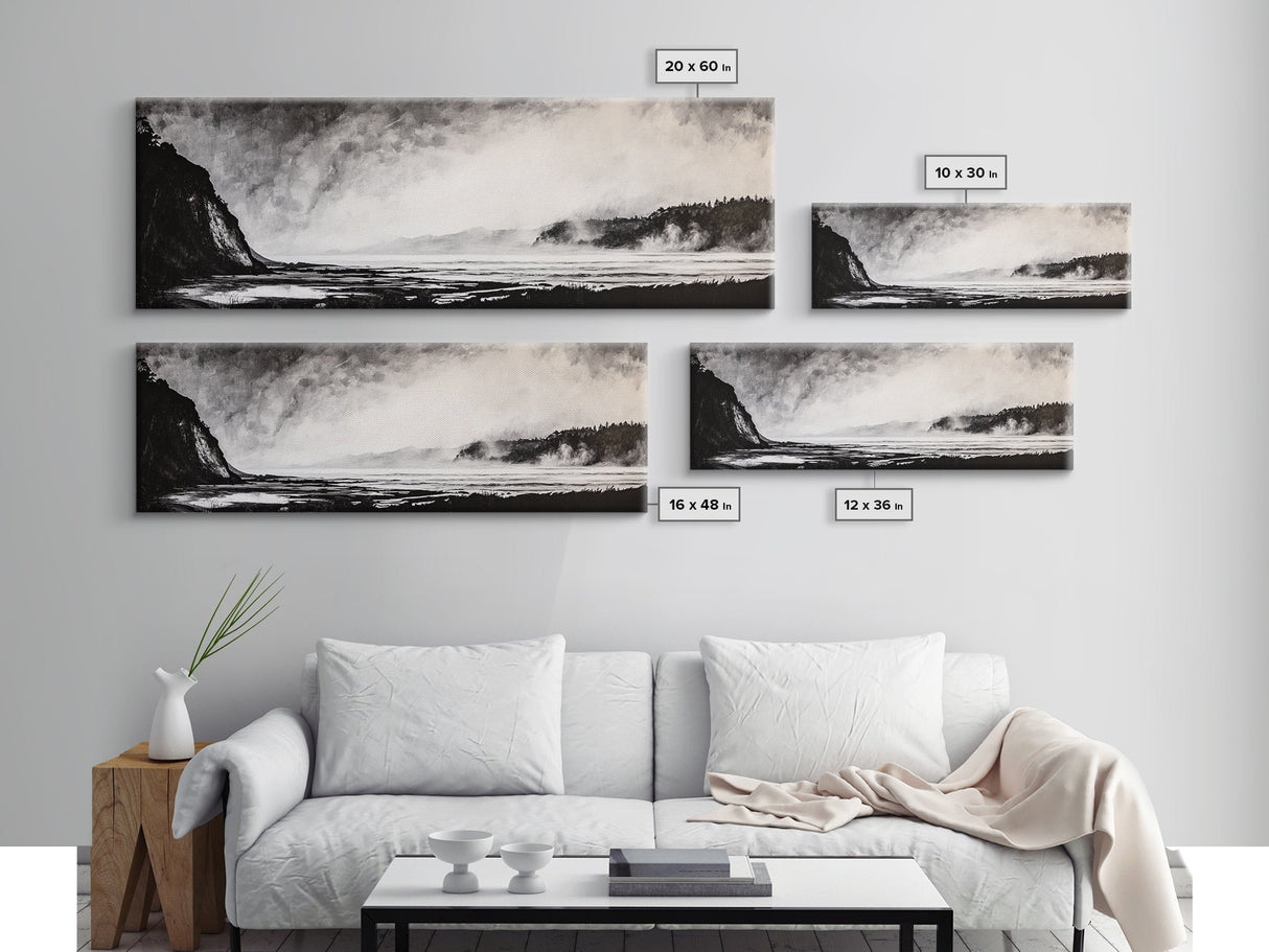 Misty Ocean, Coastal Hills, Foggy Landscape, Framed Canvas Print, Black and White Art, Monochrome Painting, Nature Wall Art, Office Decor