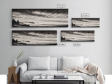 Ocean Waves, Stormy Sky, Dramatic Clouds, Canvas Print, Black and White Landscape, Coastal Wall Art, Living Room Decor, Minimalist Painting