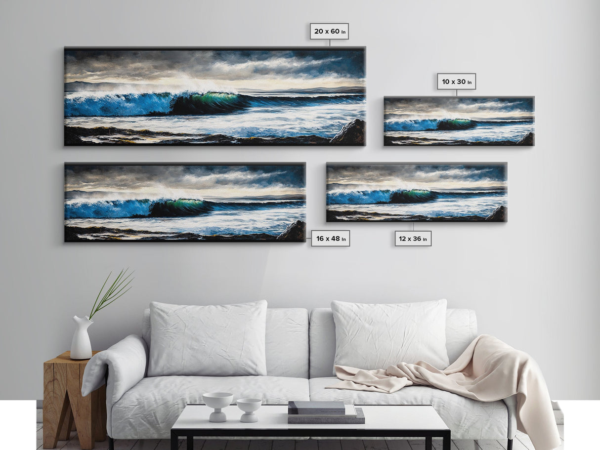Powerful Ocean Wave, Realistic Seascape Art, Blue Water Wall Decor, Coastal Living Room Art, Surfer Beach Print, Framed Canvas Print