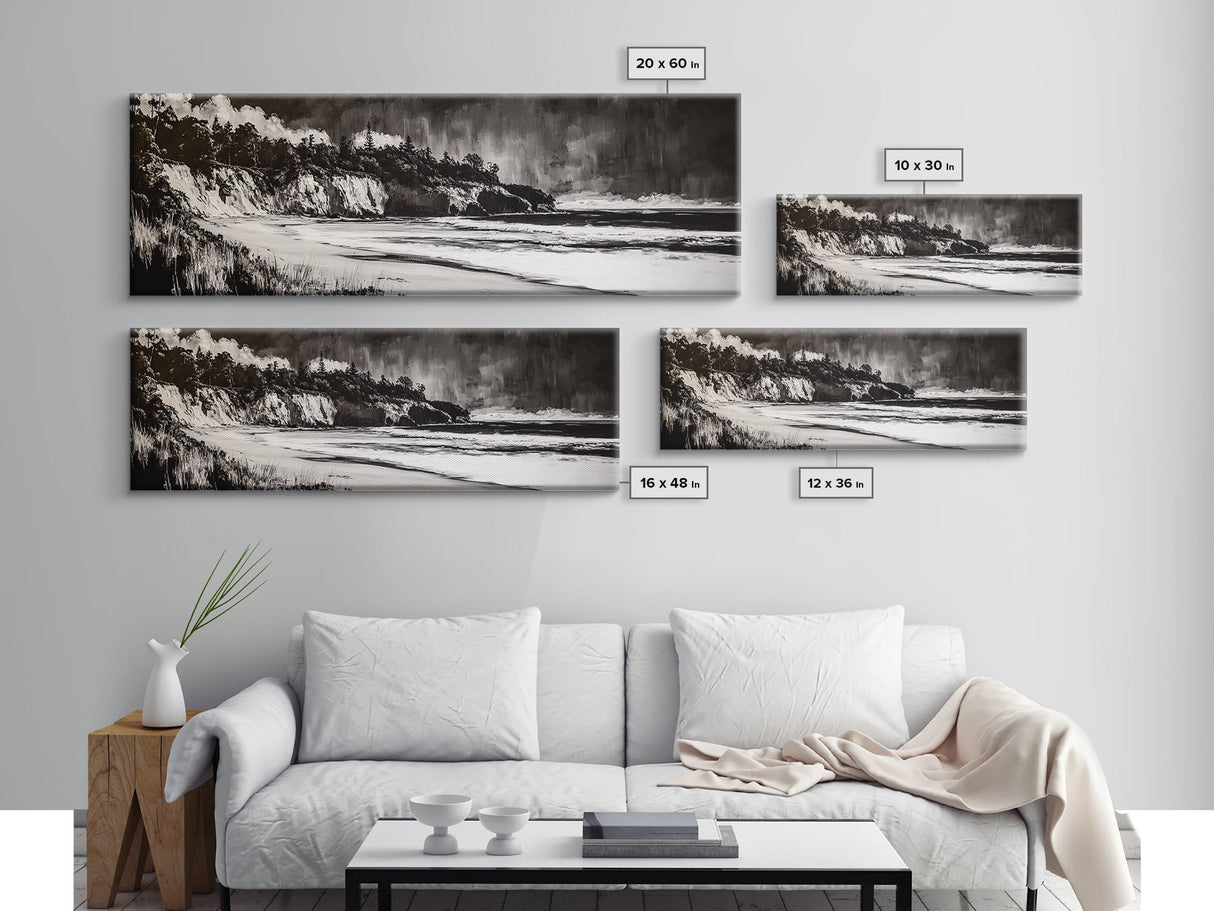 Bold Coastal Cliff, Monochrome Seascape Painting, Dramatic Nature Wall Art, Minimalist Ocean Print, Modern Home Decor, Framed Canvas Print