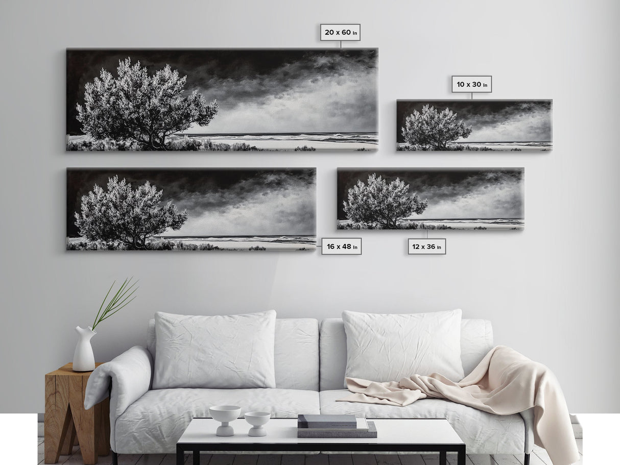 Monochrome Tree Art, Dramatic Nature Painting, Black and White Wall Decor, Minimalist Forest Print, Modern Office Art, Framed Canvas Print