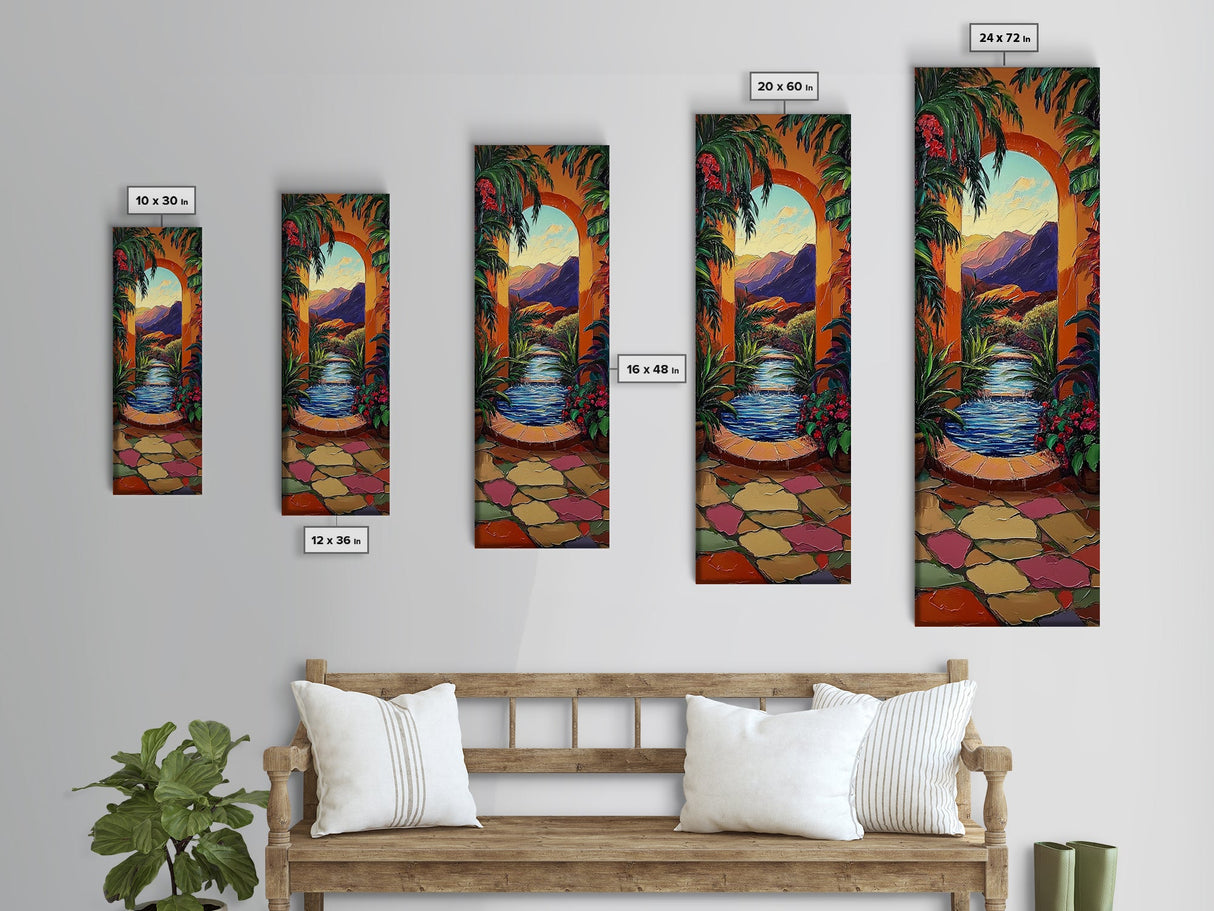 Tropical Archway, Retreat Painting, Framed Canvas Print, vibrant Mediterranean garden, doorway wall art, boho home décor, living room
