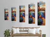 Path Garden, Village Painting, Framed Canvas Print, whimsical tropical pathway, village view, bold colorful foliage, hallway wall art, boho style